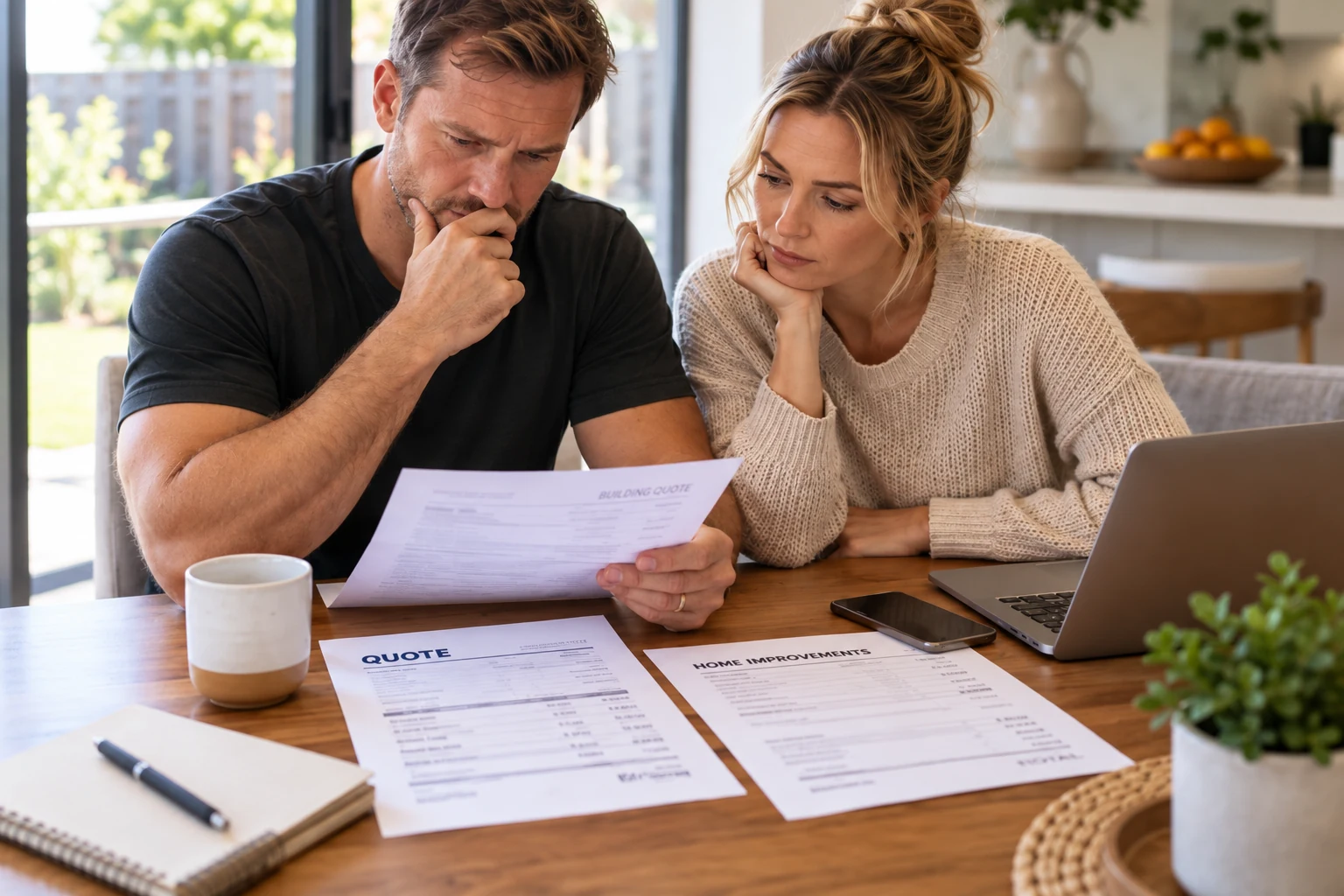 Homeowners comparing multiple building quotes before making a decision