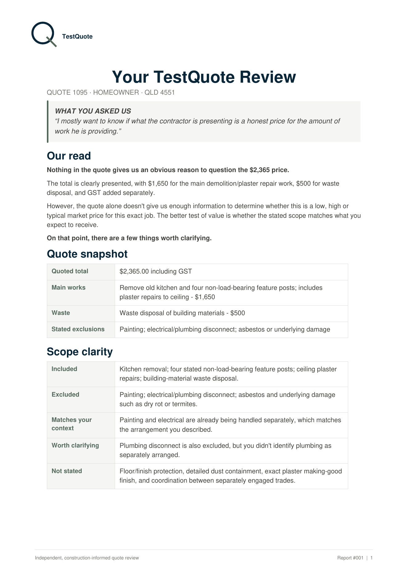 Preview of a TestQuote Homeowner Review